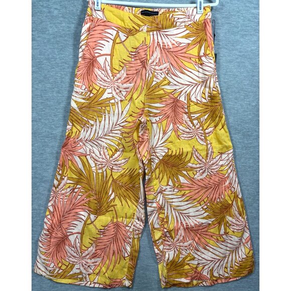 Tahari Womens Pants L Tropical Leaf Print 100% Linen Wide Leg Crop - Picture 1 of 4